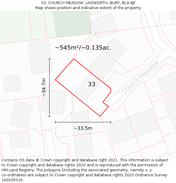 33, CHURCH MEADOW, UNSWORTH, BURY, BL9 8JF: Plot and title map