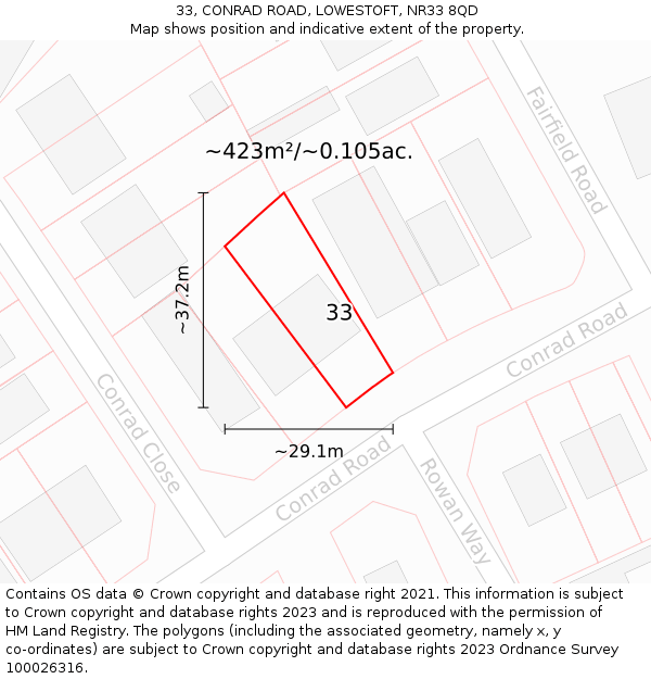 33, CONRAD ROAD, LOWESTOFT, NR33 8QD: Plot and title map