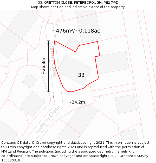 33, GRETTON CLOSE, PETERBOROUGH, PE2 7WD: Plot and title map