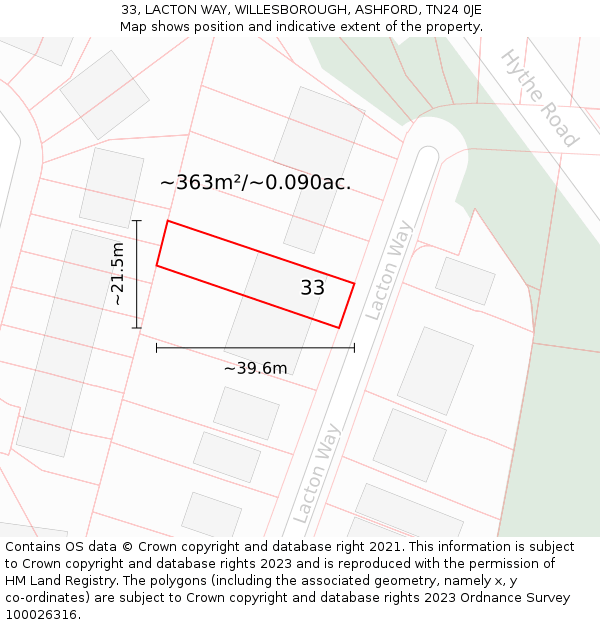 33, LACTON WAY, WILLESBOROUGH, ASHFORD, TN24 0JE: Plot and title map