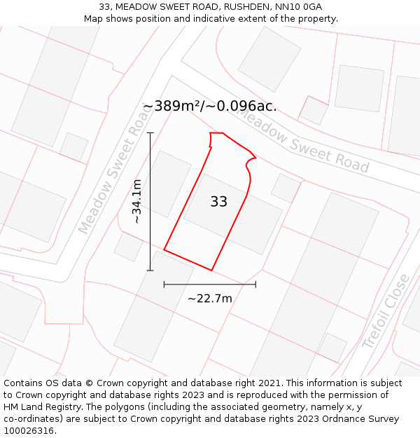 33, MEADOW SWEET ROAD, RUSHDEN, NN10 0GA: Plot and title map