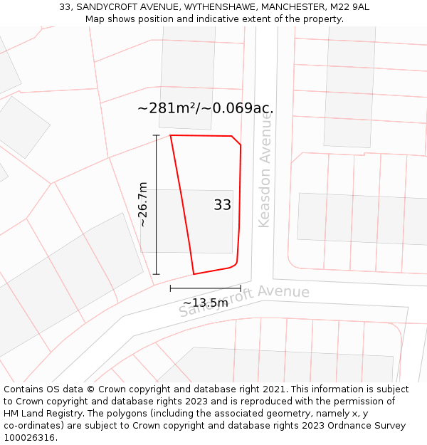 33, SANDYCROFT AVENUE, WYTHENSHAWE, MANCHESTER, M22 9AL: Plot and title map