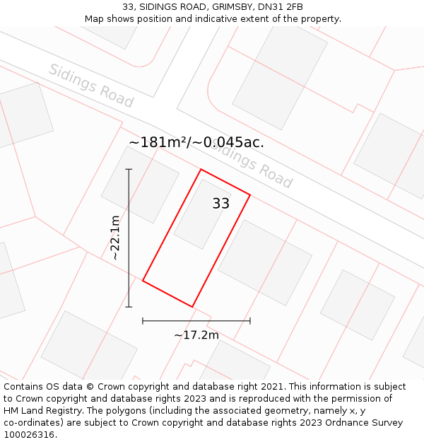 33, SIDINGS ROAD, GRIMSBY, DN31 2FB: Plot and title map