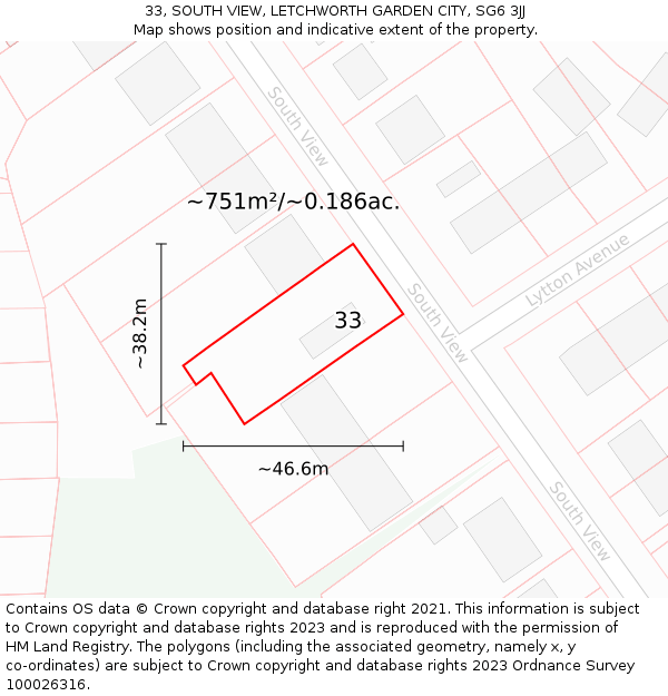 33, SOUTH VIEW, LETCHWORTH GARDEN CITY, SG6 3JJ: Plot and title map