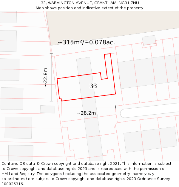 33, WARMINGTON AVENUE, GRANTHAM, NG31 7NU: Plot and title map