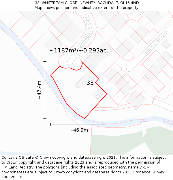 33, WHITEBEAM CLOSE, NEWHEY, ROCHDALE, OL16 4ND: Plot and title map