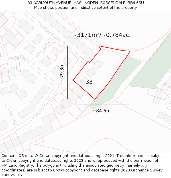 33, YARMOUTH AVENUE, HASLINGDEN, ROSSENDALE, BB4 6SU: Plot and title map