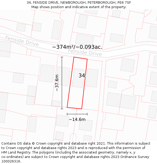 34, FENSIDE DRIVE, NEWBOROUGH, PETERBOROUGH, PE6 7SF: Plot and title map