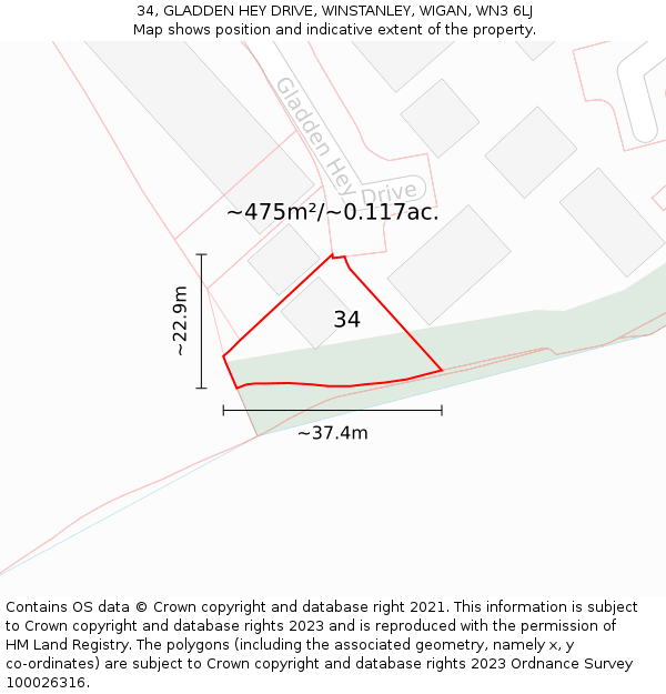 34, GLADDEN HEY DRIVE, WINSTANLEY, WIGAN, WN3 6LJ: Plot and title map