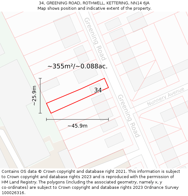 34, GREENING ROAD, ROTHWELL, KETTERING, NN14 6JA: Plot and title map