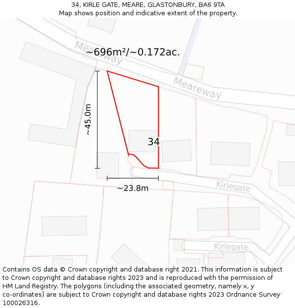 34, KIRLE GATE, MEARE, GLASTONBURY, BA6 9TA: Plot and title map