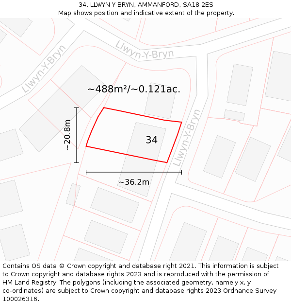 34, LLWYN Y BRYN, AMMANFORD, SA18 2ES: Plot and title map