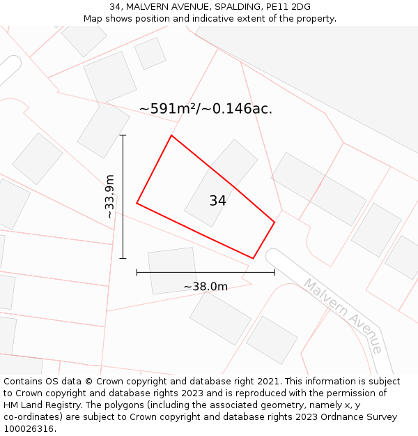 34, MALVERN AVENUE, SPALDING, PE11 2DG: Plot and title map