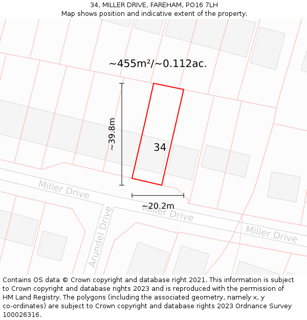 34, MILLER DRIVE, FAREHAM, PO16 7LH: Plot and title map