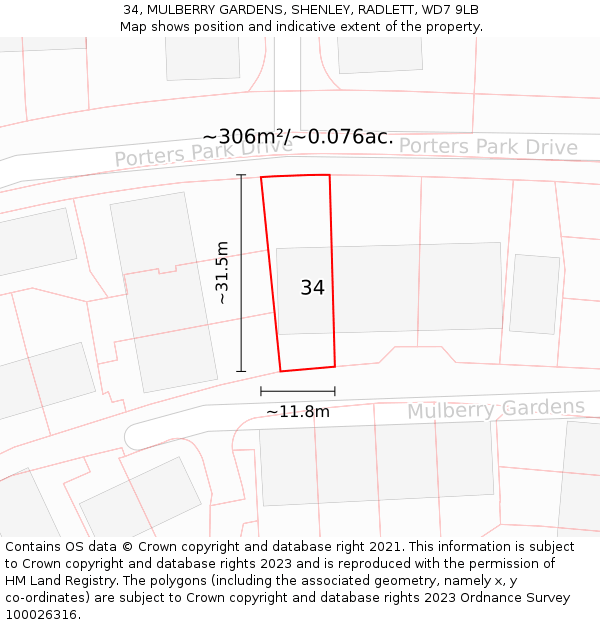 34, MULBERRY GARDENS, SHENLEY, RADLETT, WD7 9LB: Plot and title map