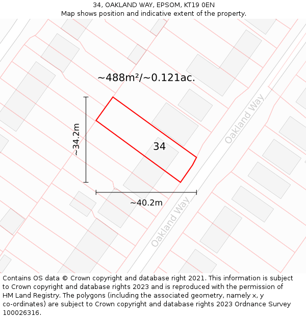 34, OAKLAND WAY, EPSOM, KT19 0EN: Plot and title map