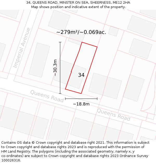 34, QUEENS ROAD, MINSTER ON SEA, SHEERNESS, ME12 2HA: Plot and title map