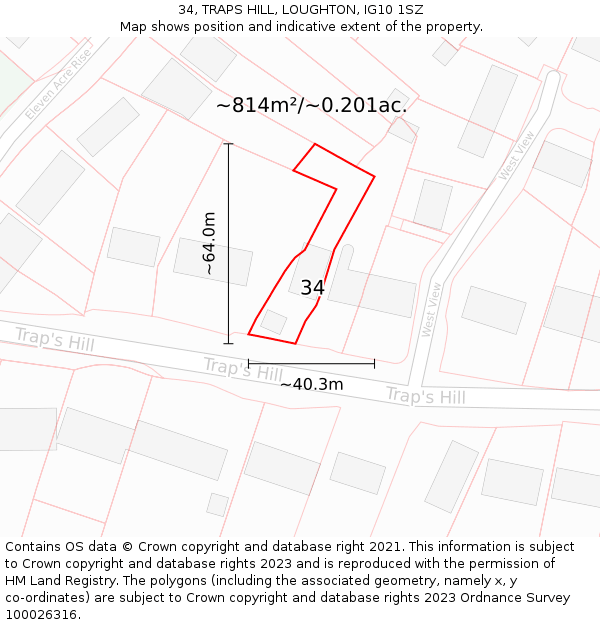 34, TRAPS HILL, LOUGHTON, IG10 1SZ: Plot and title map