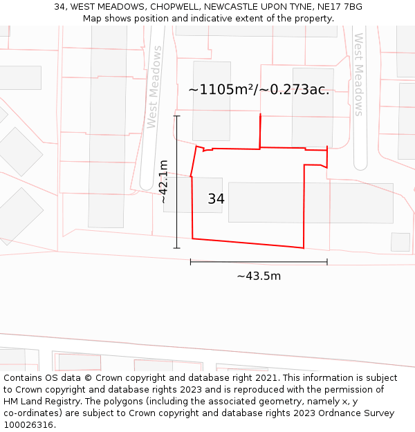 34, WEST MEADOWS, CHOPWELL, NEWCASTLE UPON TYNE, NE17 7BG: Plot and title map