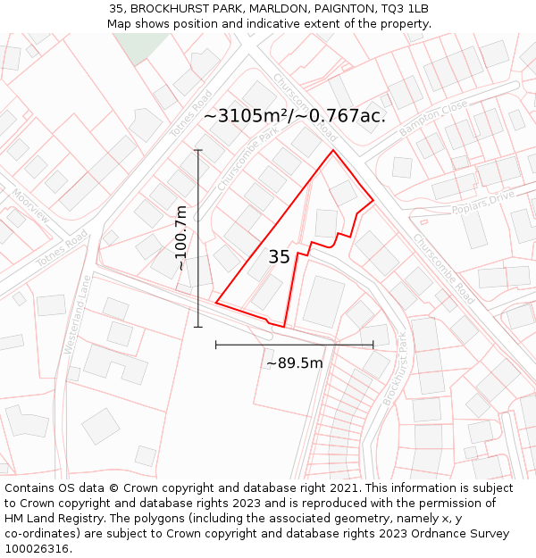 35, BROCKHURST PARK, MARLDON, PAIGNTON, TQ3 1LB: Plot and title map