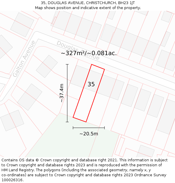 35, DOUGLAS AVENUE, CHRISTCHURCH, BH23 1JT: Plot and title map