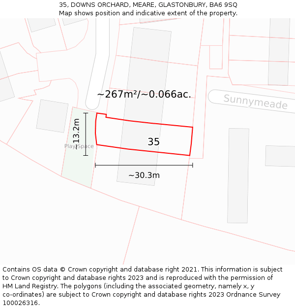 35, DOWNS ORCHARD, MEARE, GLASTONBURY, BA6 9SQ: Plot and title map