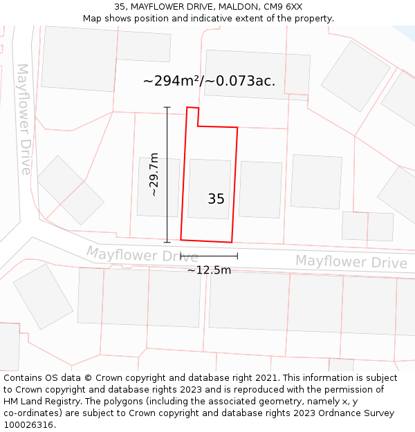 35, MAYFLOWER DRIVE, MALDON, CM9 6XX: Plot and title map