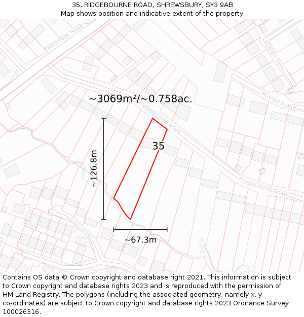 35, RIDGEBOURNE ROAD, SHREWSBURY, SY3 9AB: Plot and title map