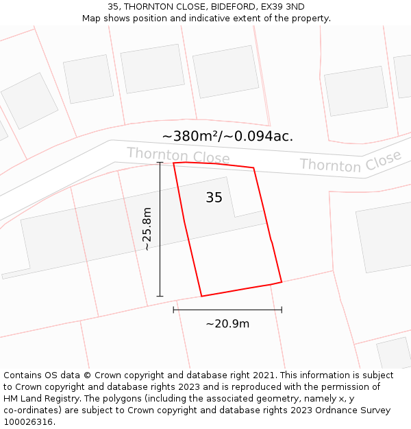 35, THORNTON CLOSE, BIDEFORD, EX39 3ND: Plot and title map