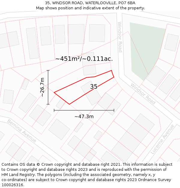 35, WINDSOR ROAD, WATERLOOVILLE, PO7 6BA: Plot and title map