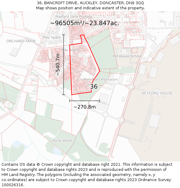 36, BANCROFT DRIVE, AUCKLEY, DONCASTER, DN9 3GQ: Plot and title map