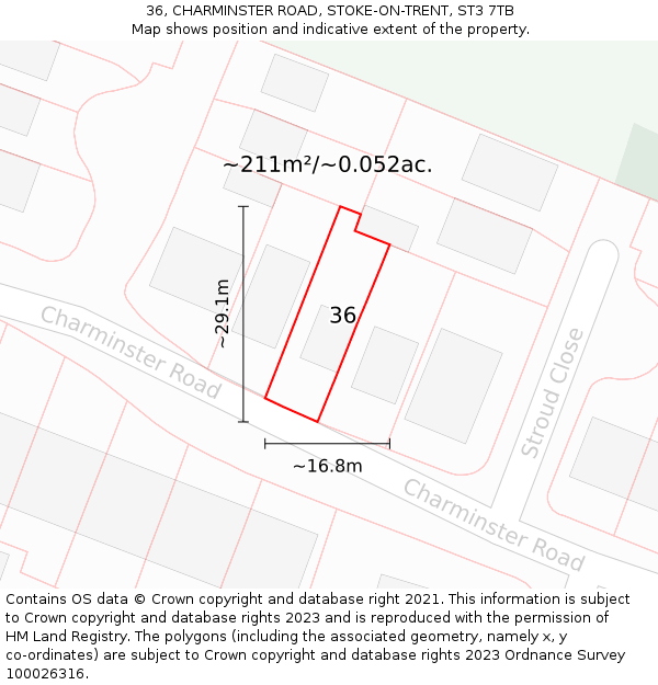 36, CHARMINSTER ROAD, STOKE-ON-TRENT, ST3 7TB: Plot and title map