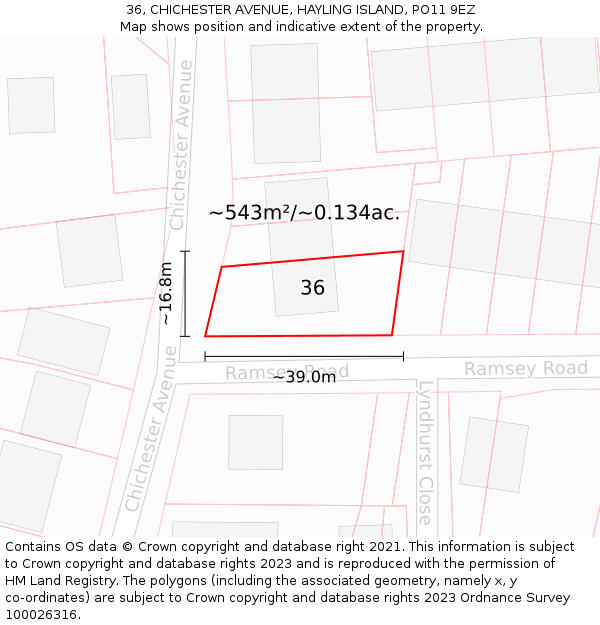 36, CHICHESTER AVENUE, HAYLING ISLAND, PO11 9EZ: Plot and title map