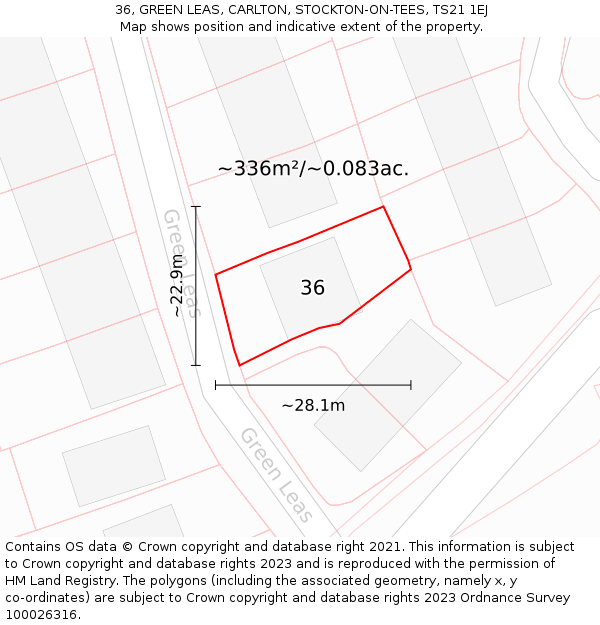 36, GREEN LEAS, CARLTON, STOCKTON-ON-TEES, TS21 1EJ: Plot and title map