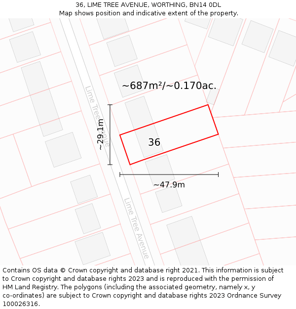 36, LIME TREE AVENUE, WORTHING, BN14 0DL: Plot and title map