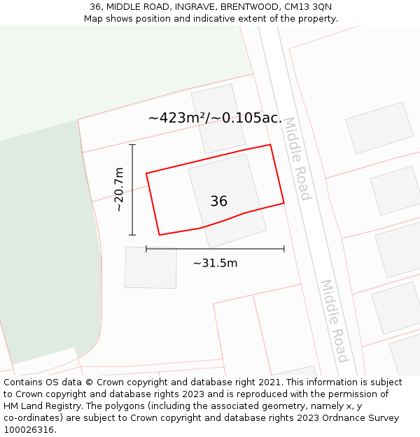 36, MIDDLE ROAD, INGRAVE, BRENTWOOD, CM13 3QN: Plot and title map