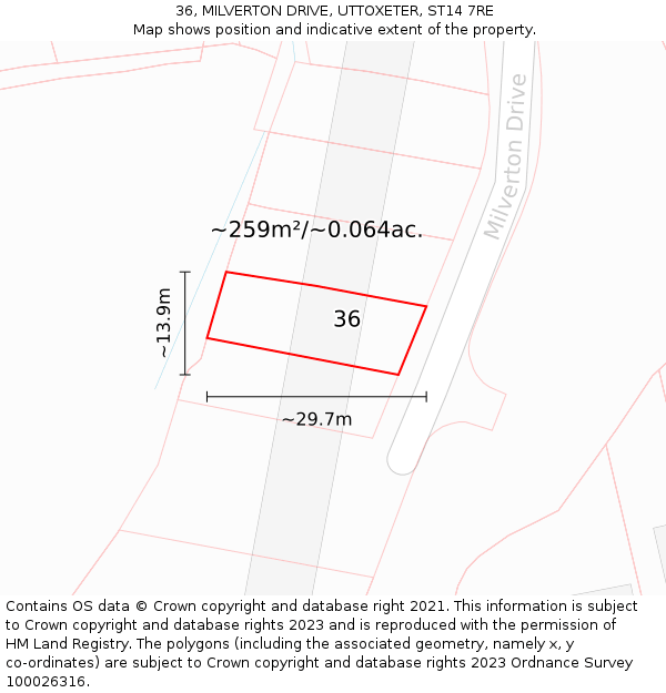 36, MILVERTON DRIVE, UTTOXETER, ST14 7RE: Plot and title map