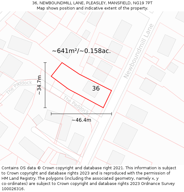 36, NEWBOUNDMILL LANE, PLEASLEY, MANSFIELD, NG19 7PT: Plot and title map