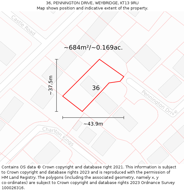 36, PENNINGTON DRIVE, WEYBRIDGE, KT13 9RU: Plot and title map