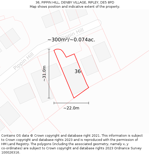 36, PIPPIN HILL, DENBY VILLAGE, RIPLEY, DE5 8PD: Plot and title map