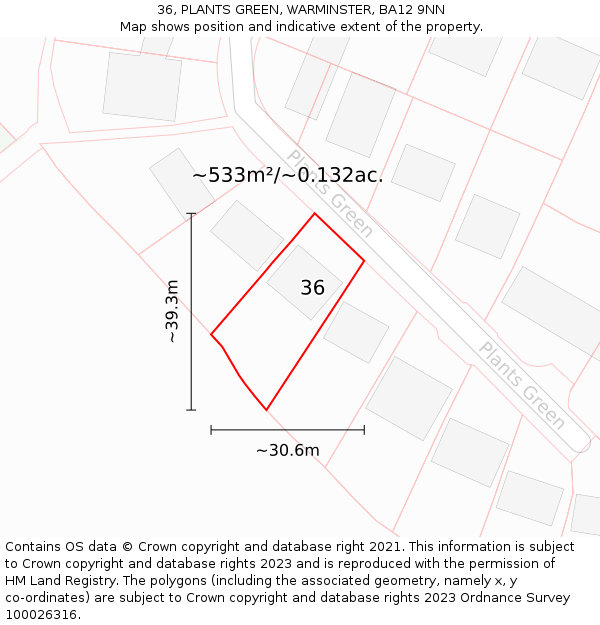 36, PLANTS GREEN, WARMINSTER, BA12 9NN: Plot and title map