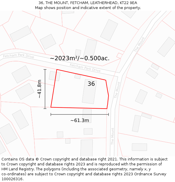 36, THE MOUNT, FETCHAM, LEATHERHEAD, KT22 9EA: Plot and title map