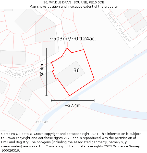 36, WINDLE DRIVE, BOURNE, PE10 0DB: Plot and title map