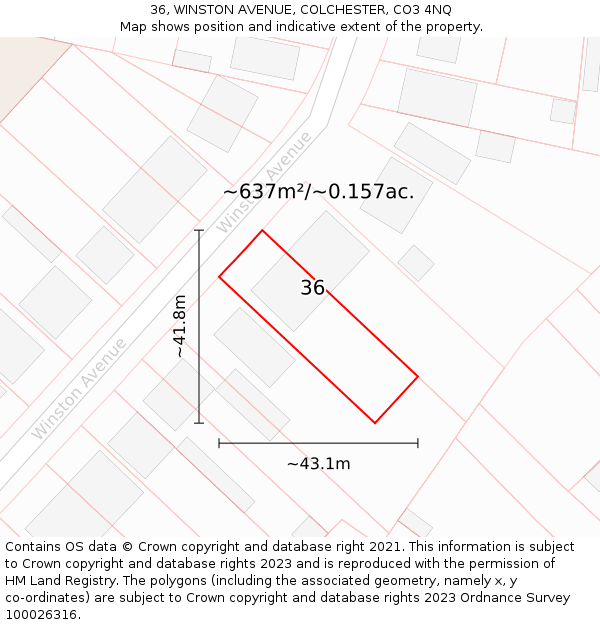 36, WINSTON AVENUE, COLCHESTER, CO3 4NQ: Plot and title map