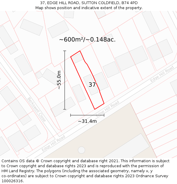 37, EDGE HILL ROAD, SUTTON COLDFIELD, B74 4PD: Plot and title map