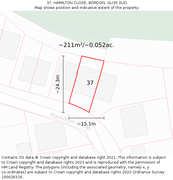 37, HAMILTON CLOSE, BORDON, GU35 0UD: Plot and title map