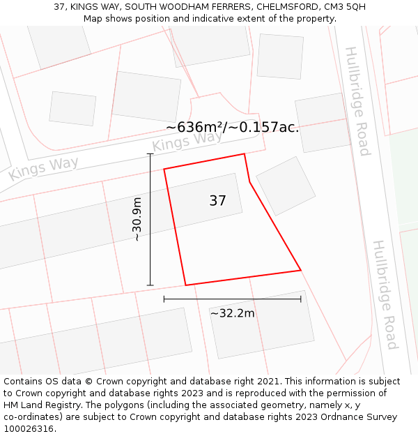 37, KINGS WAY, SOUTH WOODHAM FERRERS, CHELMSFORD, CM3 5QH: Plot and title map