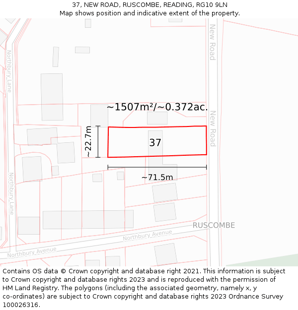 37, NEW ROAD, RUSCOMBE, READING, RG10 9LN: Plot and title map