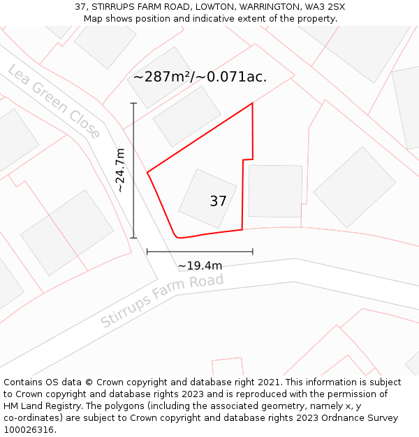 37, STIRRUPS FARM ROAD, LOWTON, WARRINGTON, WA3 2SX: Plot and title map