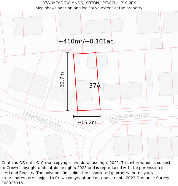 37A, MEADOWLANDS, KIRTON, IPSWICH, IP10 0PX: Plot and title map